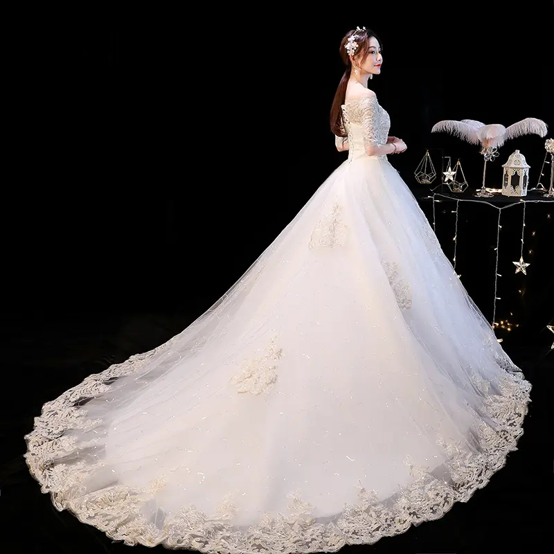 Wanita Maxi gaun pengantin dari renda putih pesta pernikahan Ekor Panjang Short Sleeve Long Tail Women White Lace Wedding Dresses Maxi Bride Gown 2