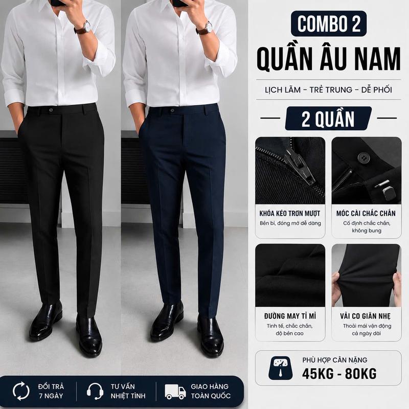 [Combo 2 Quần Âu Nam Cao Cấp Đủ Size 28-36] - Quần Âu Nam Dáng Ôm Vừa Vải Tuyết Hàn Co Giãn Nhẹ Không Nhăn Nhàu Không Xù