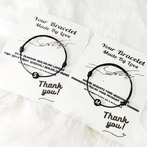 Gelang Couple Inisial Huruf Bulat Manik Hitam A-Z Tali Korea 1mm