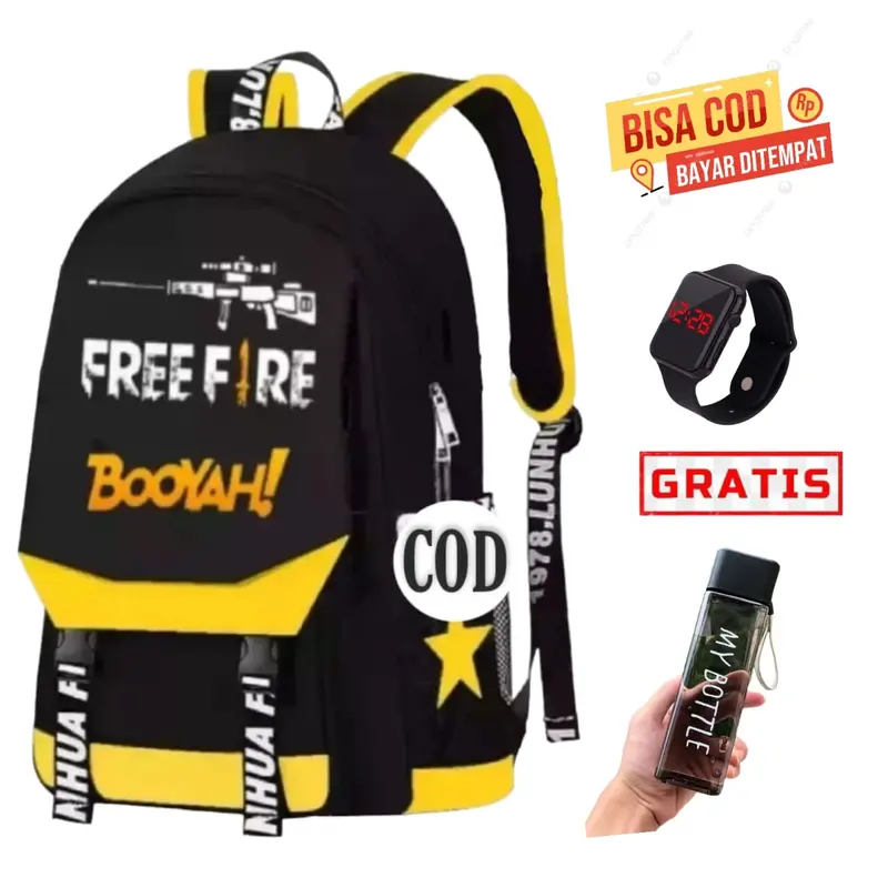 MODERN / tas ff boyah/evos mobillegend Kanvas free jam botol Hitam Setrip kuning abu Anak Led Sd Fashion 5