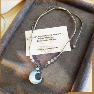 TOU STONE Kalung Wanita Liontin Necklace Moonstone Hadiah Ulang Tahun Cahaya Bulan Sabit Cantik 1
