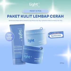 Light+ Paket 3 pcs Low pH Nano Niacinamide Hyaluronic Gentle Face Wash, Hydrashot Intensive & Glowshot Day Moist, Bright Pelembab Facial Night Cream BPOM Sabun Cuci Muka Normal Kering Lightening Light Plus Light+ Lite Liteplus Lite+ Skincare