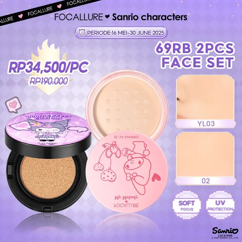 [Official] FOCALLURE X Sanrio #CallMeBeauty Bare-skin UV Cushion & Matte Setting Loose Powder 2PCS 0