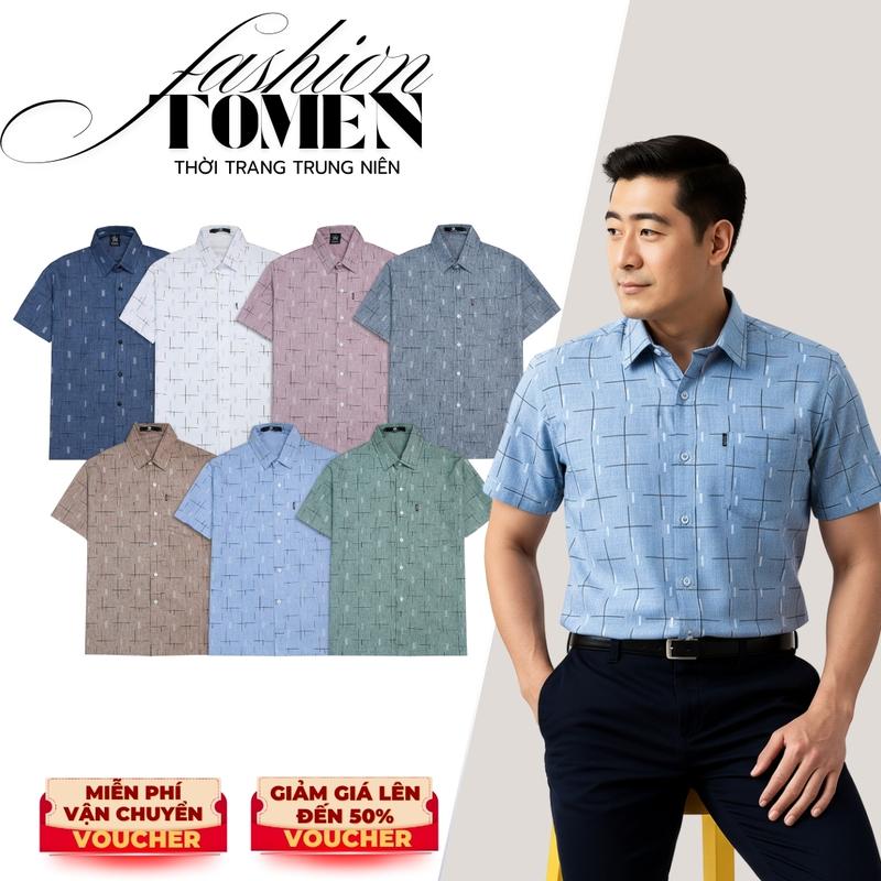  Fashion Tomen Áo Sơ Mi Trung Niên Tay Ngắn Chất Vải XÔ Họa Tiết DẤU THẬP CHẤM ĐEN vàTRƠN Vạt NGANG Thanh Lịch Và Trẻ Trung Cho Quý Ông 