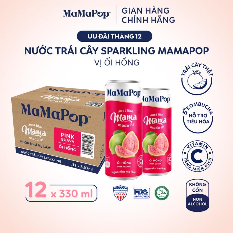 Mamapop thùng 12 lon nước trái cây có ga vị Ổi Hồng 330ml - Kết hợp với trái cây tự nhiên giàu Vitamin C 
