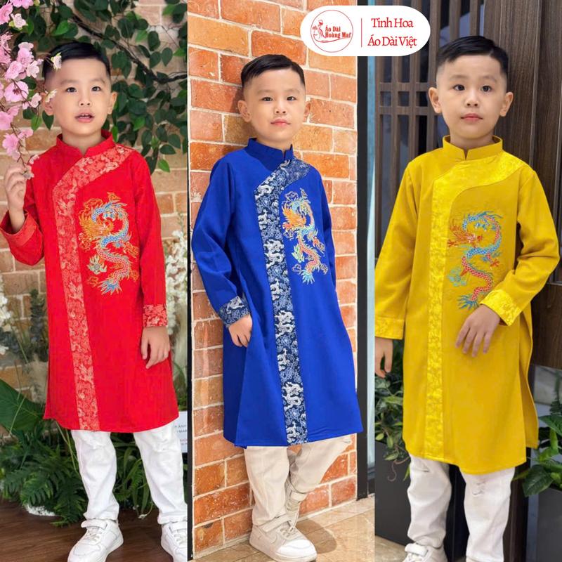 Áo dài cho bé trai áo dài cách tân Thêu Rồng Ngũ Sắc vải tuyết mưa phối gấm cao cấp-Áo Dài Hoàng Mai - Mặc Lễ Tết 2026 Chụp Ảnh Gia Đình