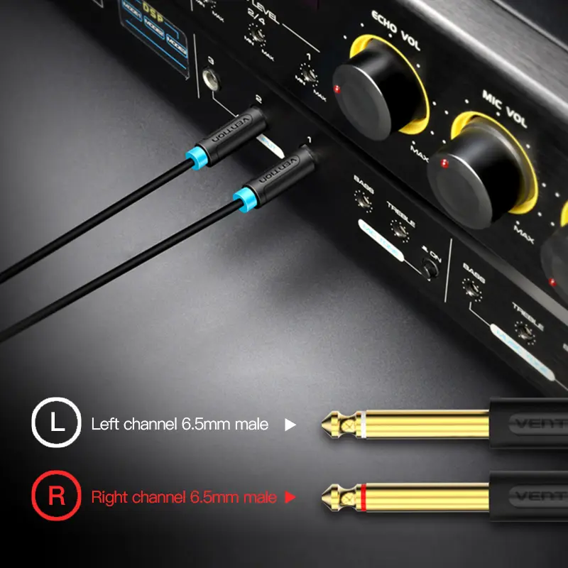 VENTION Kabel Aux Splitter 3.5mm to 2x 6.5mm TRS to TS Gold Plated Male Accessories Black 3