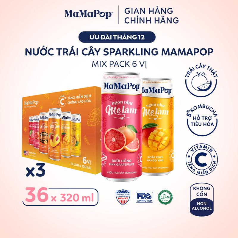 Combo 3 thùng 12 lon nước trái cây sparkling MaMaPop mix 6 vị 320ml x 36 lon - Kết hợp với trái cây tự nhiên giàu Vitamin C