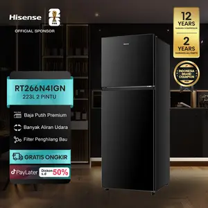 【No Frost-Kapasitas 223L】HISENSE-RT266N4IGN/RT266N4IBN-Kulkas 2 Pintu-Dilengkapi Baja Abubu Premium-Banyak Aliran Udara-Filter Penghilang Baut-Teknologi Tanpa Embun Bekua-Satu Handle-terbuka 90 °-Lampu LED-Big Door Balcony- Multi Air Flow-User Friendly