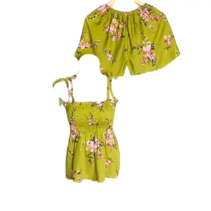setelan kerut celana pendek warna dan motif random 2