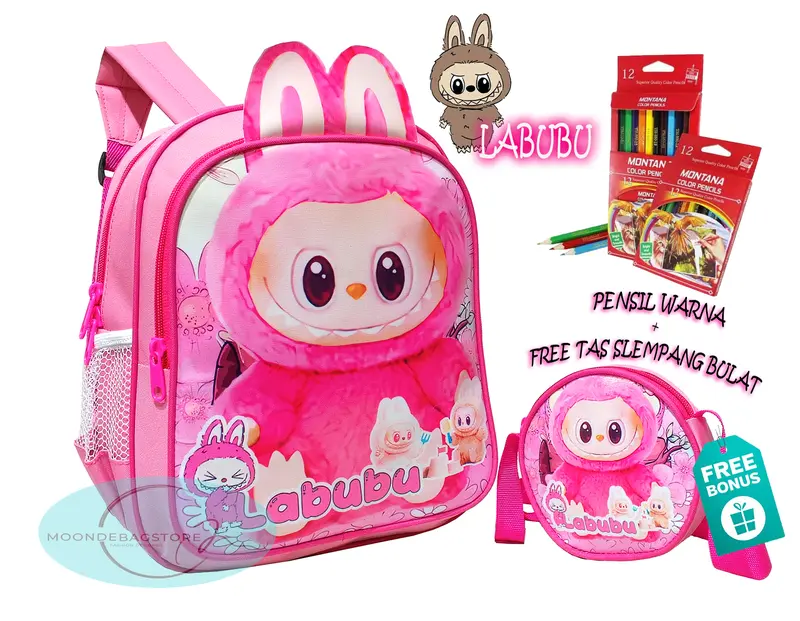 Tas Ransel LABUBU Tas Anak perempuan Sekolah PAUD TK SD  Fashion Tas Ransel 2 in 1  Karakter LABUBU FREE Tas Slempang Bulat 0