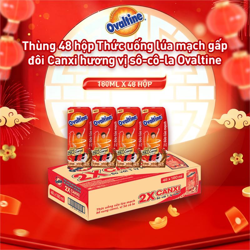 Thùng 48 hộp Thức uống lúa mạch gấp đôi Canxi hương vị sô-cô-la Ovaltine 180ml x 48