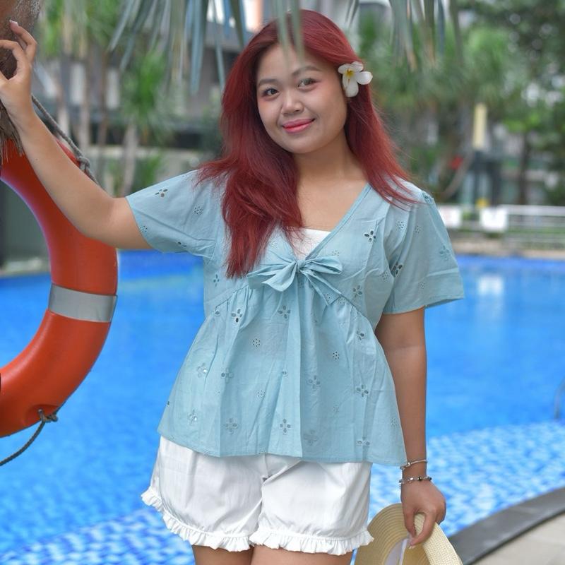 (KÈM ỐNG) Áo babydoll xô thêu màu pastel thắt nơ dễ thương bigsize 90kg - Miabigsize