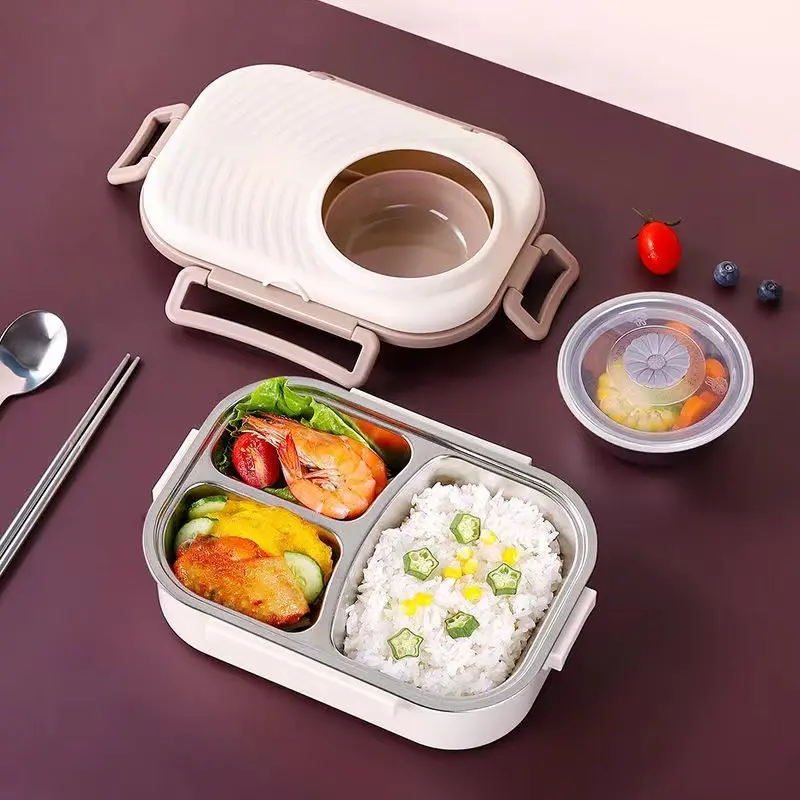 1000ml kotak makan stainless 3 sekat+tempat sup 200ml /Lunch box stainless tahan panas dan anti tumpah 1