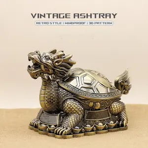 Asbak Logam Vintage Gaya Retro Model Naga Kura-kura dengan Tutup Anti Angin Besar