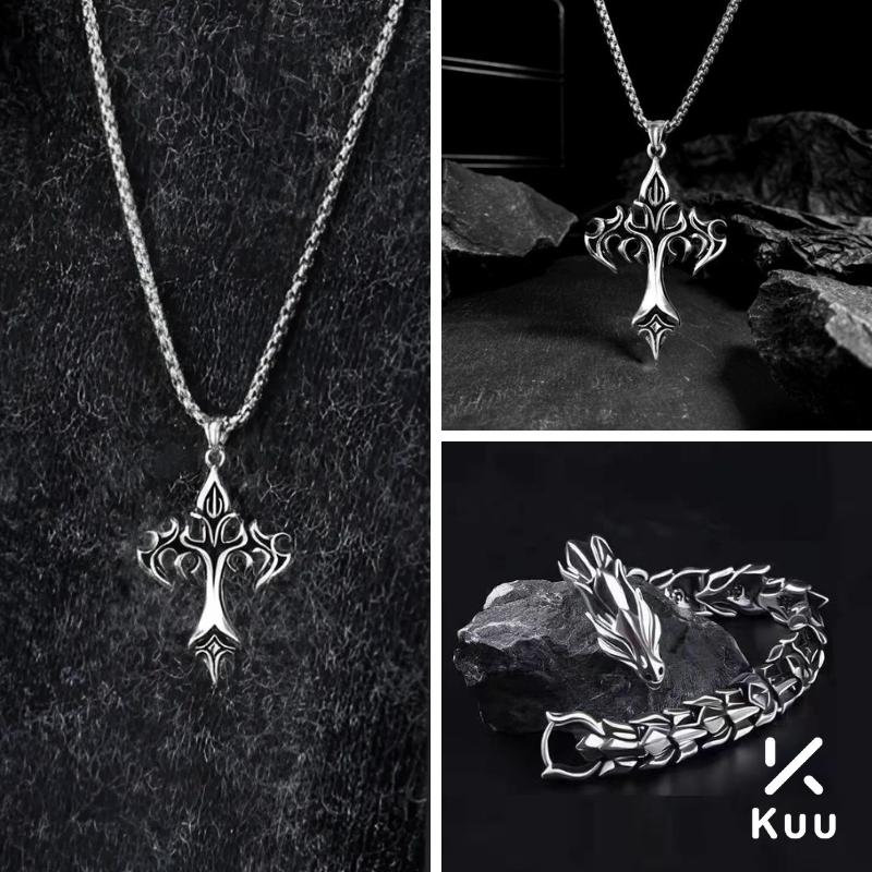 Bộ đôi vòng cổ vòng tay nam titan không gỉ thiết kế họa tiết cá tính Kuu Clothes màu bạc dễ phối đồ - Vòng Cổ Thane + Vòng Tay Dragon