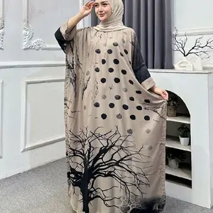 Abaya Kaftan Syarifah Rayon Motif Akar Polka Mewah Elegan dengan Desain Pohon Unik dan Polka Dot Hitam Muslim