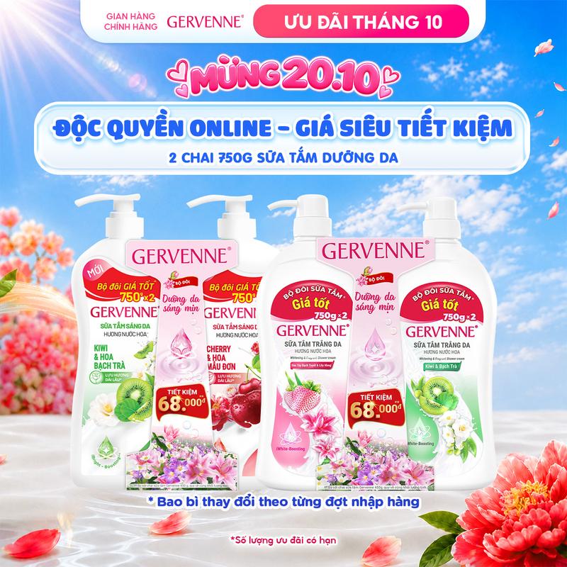 [1] [TỔNG 1.5KG] Bộ 2 sữa tắm trắng da Gervenne Kiwi Bạch Trà và Dâu tây lily/Kiwi và Kiw/Cherry và Kiwi 750gx2