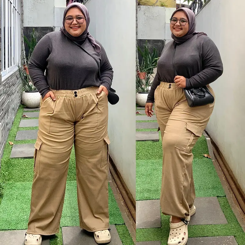 Celana Jumbo Yumi OOTD Hijab Style Jumbo LP 75 - 170 cm Pj 105 BB 70 - 150 kg an Celana Panjang Cargo Soft Jeans Stretch / Melar Tebal Pants Wanita Basic Kulot / Serut Jogger Kasual / Outdoor Denim 2