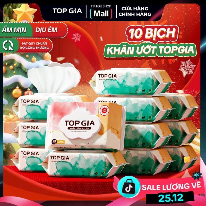   FLASH SALE - KHÔNG CỒN DỊU NHẸ  Thùng 10 Bịch 80 Tờ Khăn Ướt Cao Cấp TOPGIA Không Cồn Mềm Mại Tiện Lợi An Toàn Cho Mọi Làn Da Phù Hợp Cả Mẹ Và Bé Khăn Giấy Giấy Ăn Khăn Lau giadung tienich FS2  KU  