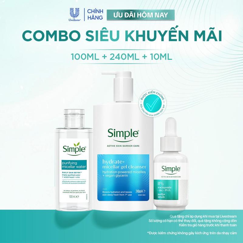 Combo 3 Skincare Simple Sữa rửa mặt Simple Hydrate+ 240ml Giúp Da Trông Căng Mướt + Nước tẩy trang 100ml + Serum Kiềm Dầu Giảm Mụn 10ml