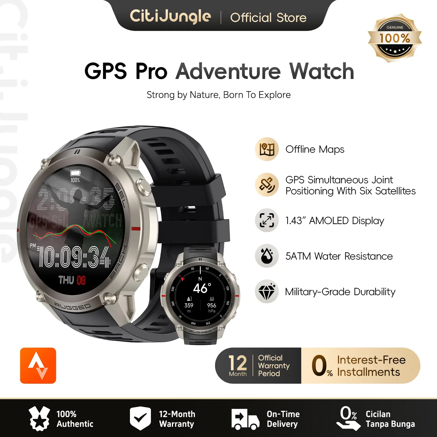 【Pemanasan Produk Baru】Citijungle Smartwatch GPS PRO, Layar AMOLED HD 1,43", Peta Offline + Kompas, GPS Multi-Satelit, Tahan Air 5ATM, Baterai 500mAh, 170+ Mode Olahraga, Telepon Bluetooth (Speaker & Mic), Pantau Detak Jantung, SpO2 & Stres