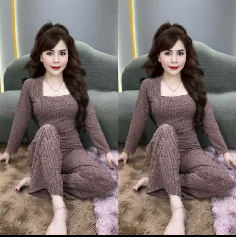 Đồ Bộ Cổ Vuông Tay Dài Quần Suông chất liệu vải gân đũa lạnh đồ bộ ủ kem đồ bộ mặc nhà size từ 35-80kg