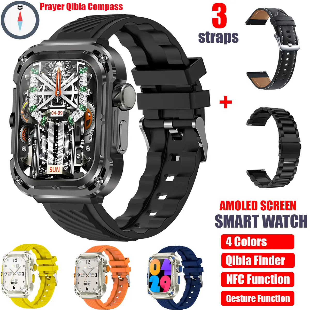 Smart Watch Z85 MAX Bluetooth Call  NFC  With Gesture Function and Qibla Finder with 2 Extra Straps Watches for Men Women Charging Device Waterproof Custom Lock Wearable Alloy body
