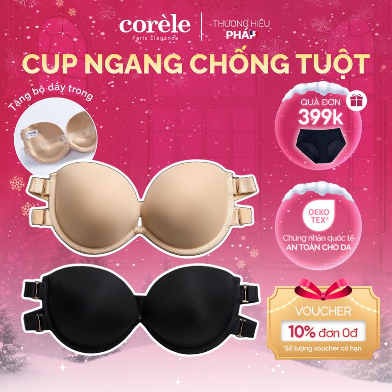 Áo lót su chống tuột tụt dáng quây cup ngang có gọng mút 2cm - mặc áo cúp ngực ba lỗ váy trễ vai chuẩn Oeko-Tex | Corèle Pháp 61177A