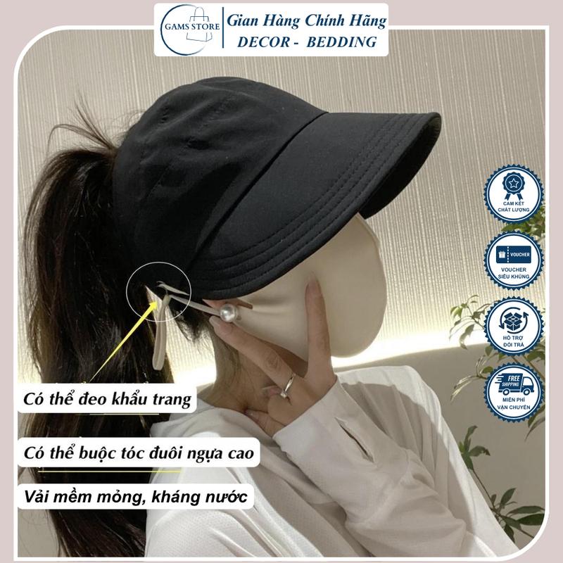 Mũ chống nắng nữ, Nón chống nắng hở chóp vải mềm mỏng vành rộng có móc đeo khẩu trang