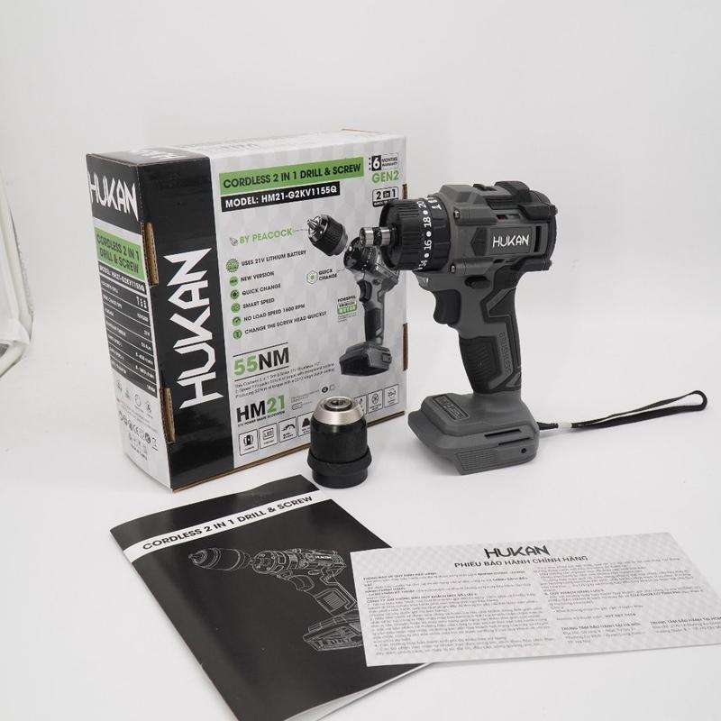 Thân máy khoan pin kèm bắn vít HUKAN HM21 - KV1155Q,  HM21-G2X-K7, Không Chổi Than, 3 Chức Năng, đầu kẹp 10mm, chân phổ thông ( không P sạc)