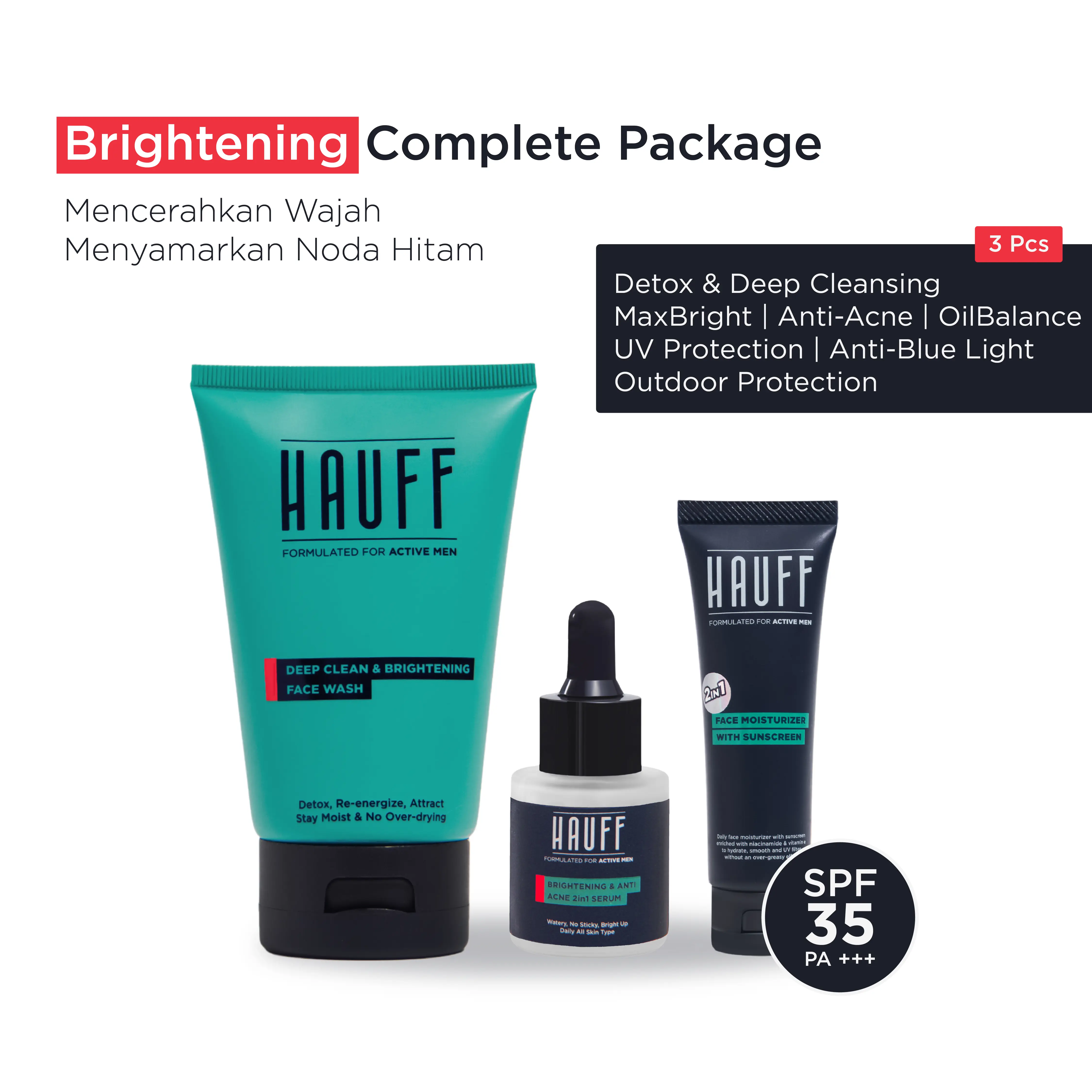 HAUFF BRIGHTENING COMPLETE PACKAGE | Paket Lengkap Skincare Pria | Mencerahkan Wajah Kusam | Menyamarkan Noda Hitam | Menghilangkan Komedo | Detox & Deep Cleansing | Charcoal, Niacinamide, Alpha Arbutin, Acid Complex, 10-Fruit Extract Complex