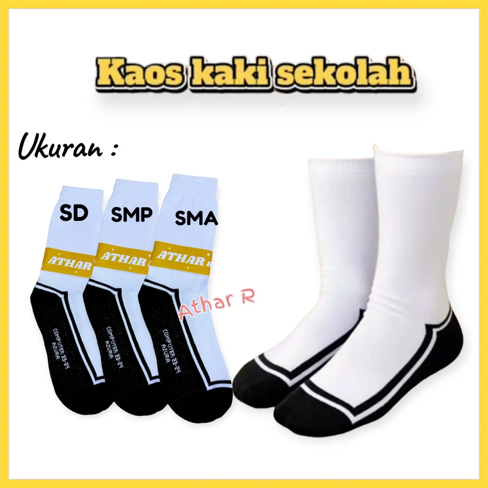 3 Pasang Kaos Kaki Sekolah Anak SD SMP SMA Panjang Sebetis Putih Telapak Hitam