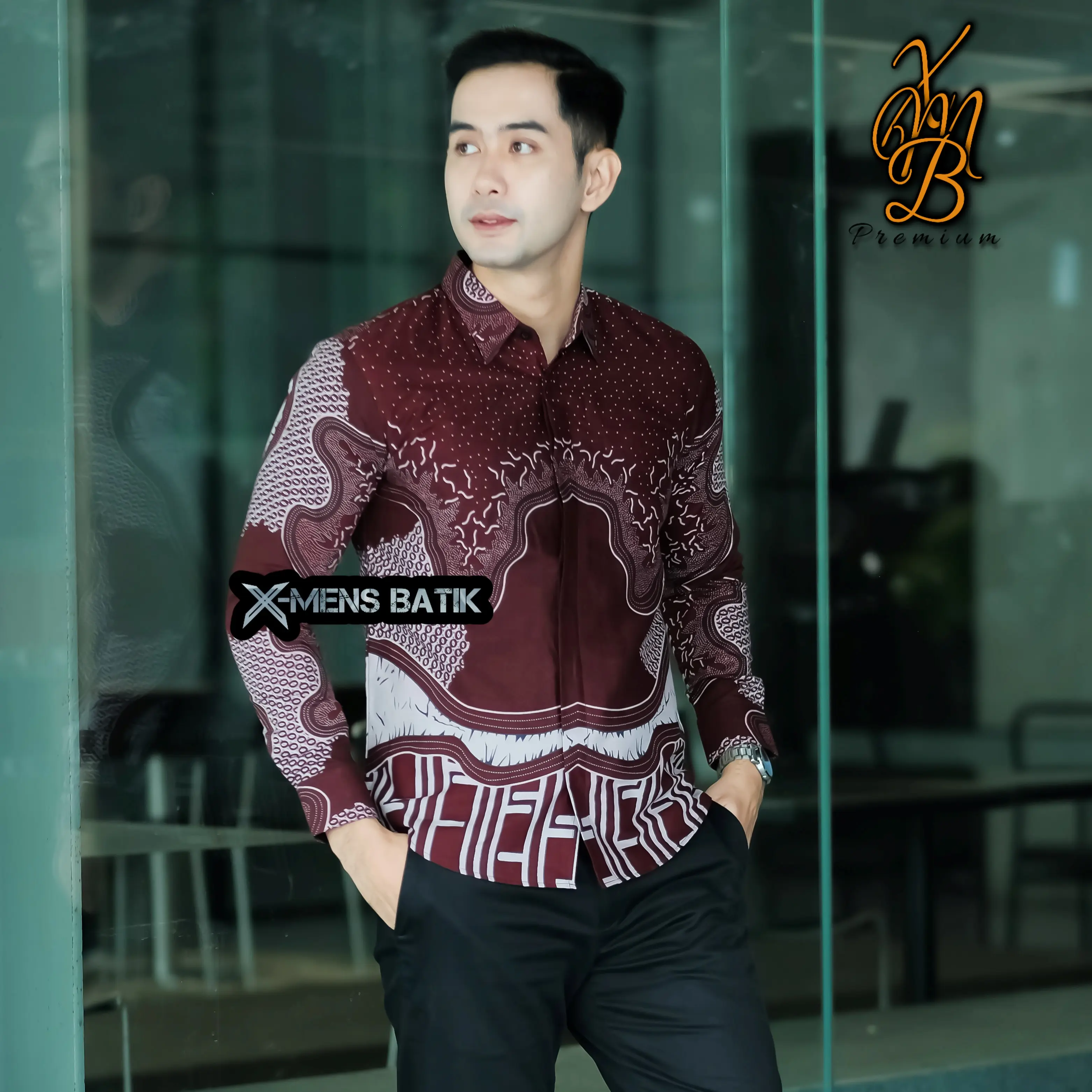 Kemeja Batik Slimfit Pria Premium Lapis Puring Motif Motif Barata Burgundy Katun 100% - Panjang