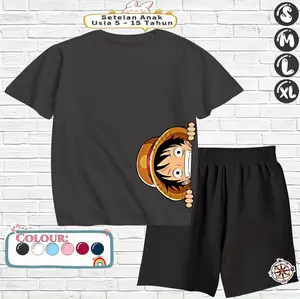 Baju Setelan Anak Laki Laki - Pakaian Kaos dan Celana Pendek Fashion Anak Cowok Usia 5-15 Tahun - Motif LUFFY JAPANESE