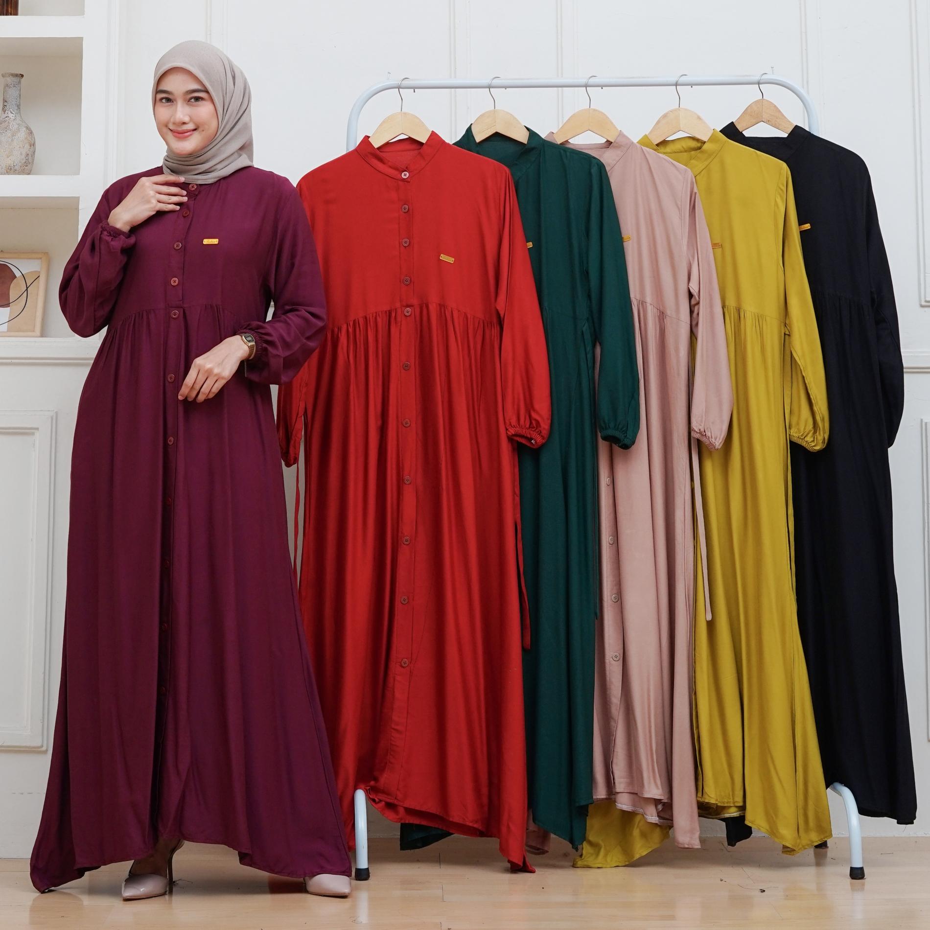 Gamis Lebaran Bahan Rayon Twill Premium/Gamis Wanita Dewasa Full Kancing Mewah simpel