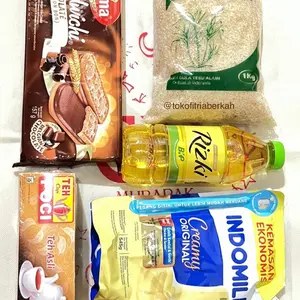 Paket Hampers + tas || Rizki Minyak Goreng 400ml, Indomilk Creamy Original 545g, Teh Asli 5g, Biskuit Cokelat 15g, Gula Tebu Lokal 1kg