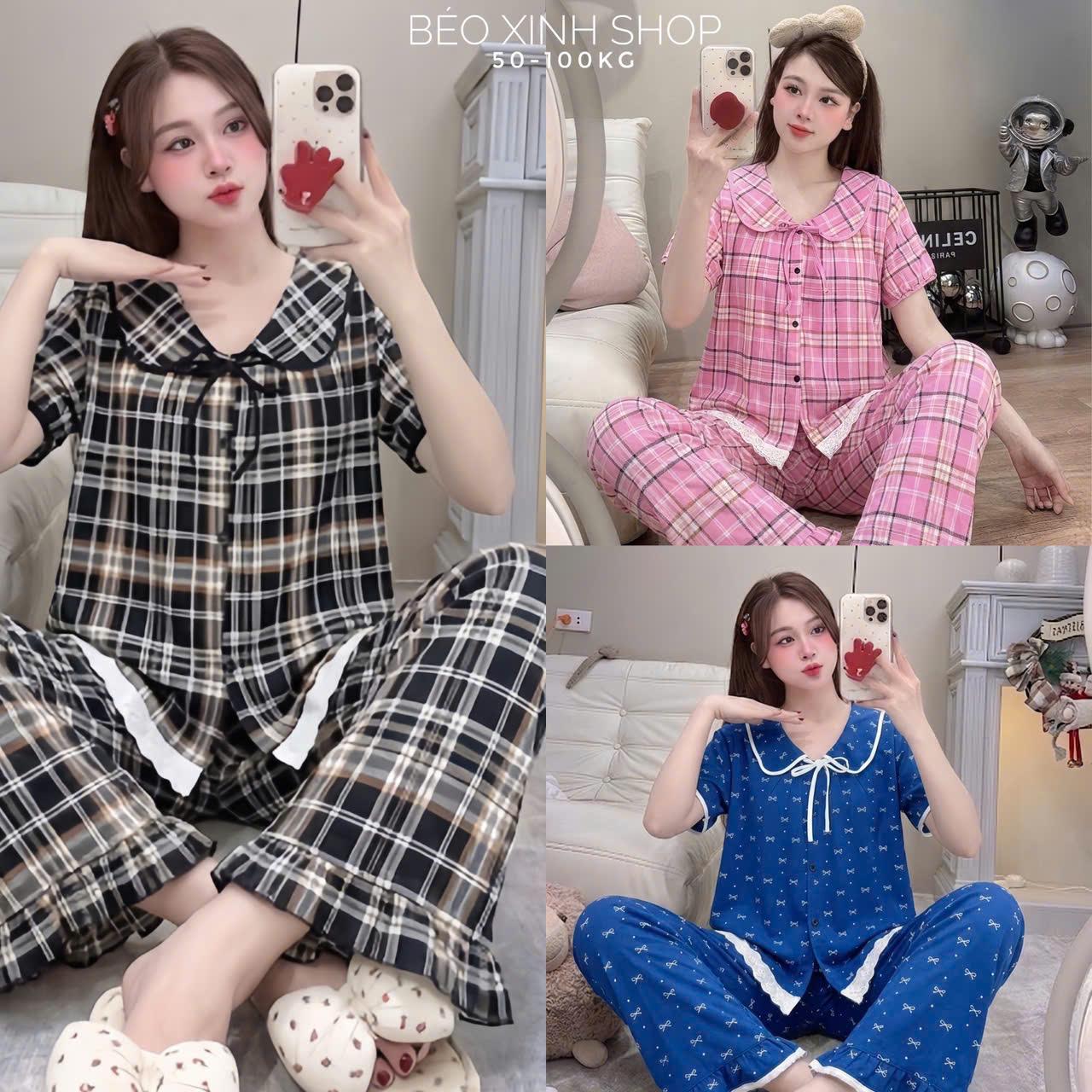 Đồ Bộ - Đồ Ngủ Tay Ngắn Quần Dài Vải Lụa Nhật Mềm Mát Tiểu Thư Cao Cấp Thanh Lịch Pijama Bigsize 50-100kg Bộ Ngủ Nữ Áo Ngủ Women Quần Ngủ - A.5448