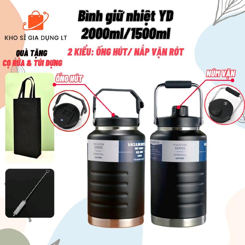   Tặng túi vải Bình Giữ Nhiệt YD INOX 304 2000ml 1500ml miệng rộng có 2 kiểu uống ,kèm ống hút tiện lợi 