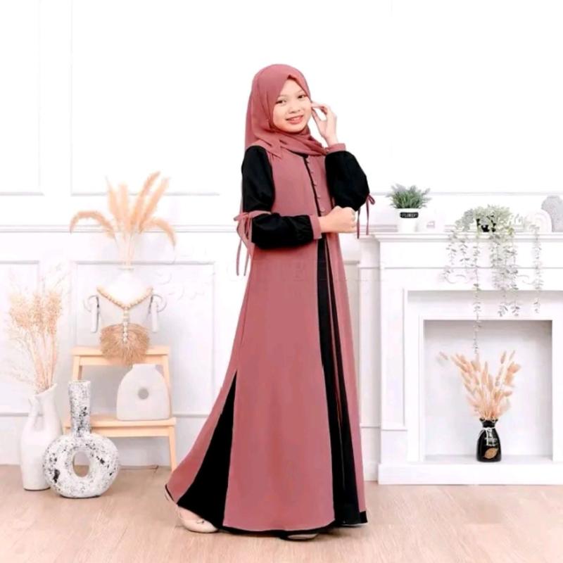 Product Introduction of sr gamis Syari + hijab pashmina usia (8-15)tahun Cocok buat Lebaran bahan crinkle Airflow mix ceruty Muslim Dress 1