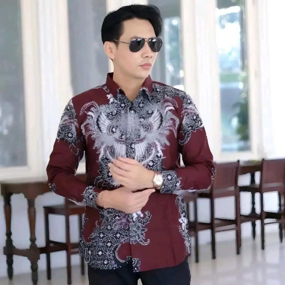 Kemeja Batik Pria Terbaru Layang Burgundy Batik Pria Lengan Panjang Ukuran M L XL XXL