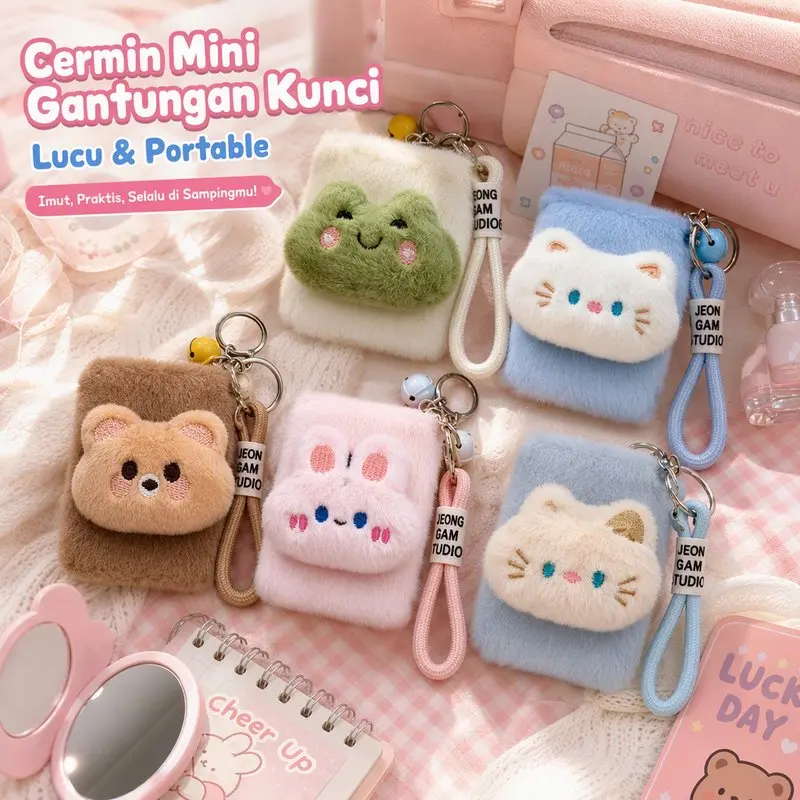 Cermin Rias Mini Plush Gantungan Kunci Tas Portable Untuk Touch Up Makeup Travel Hadiah Pacar Temen Ukuran Mini Ringkas Dekorasi