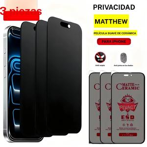 3 Protectores de Pantalla de Cerámica Mate con Privacidad para iPhone 17 Pro Max/air/16 Pro Max/16 Plus/15/14/13/12/11, Protección en los Borde, Anti-Rasguños, Fácil Instalación