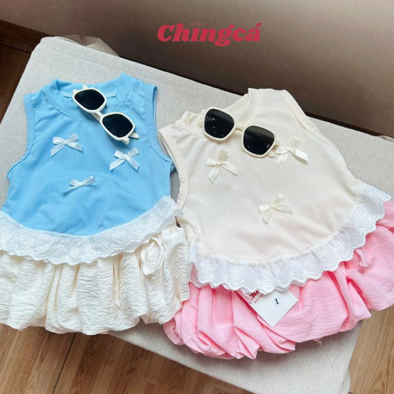  Set váy áo ba lỗ đính nơ viền áo ren chất thun tăm co giãn phối chân váy bí vải đũi hàn mặc mát thoải mái cho bé mùa hè phong cách Hàn quốc cc024x1 