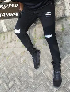 celana panjang pria sobek ripped jeans Hitam Slim-fitting /celana sobek pria