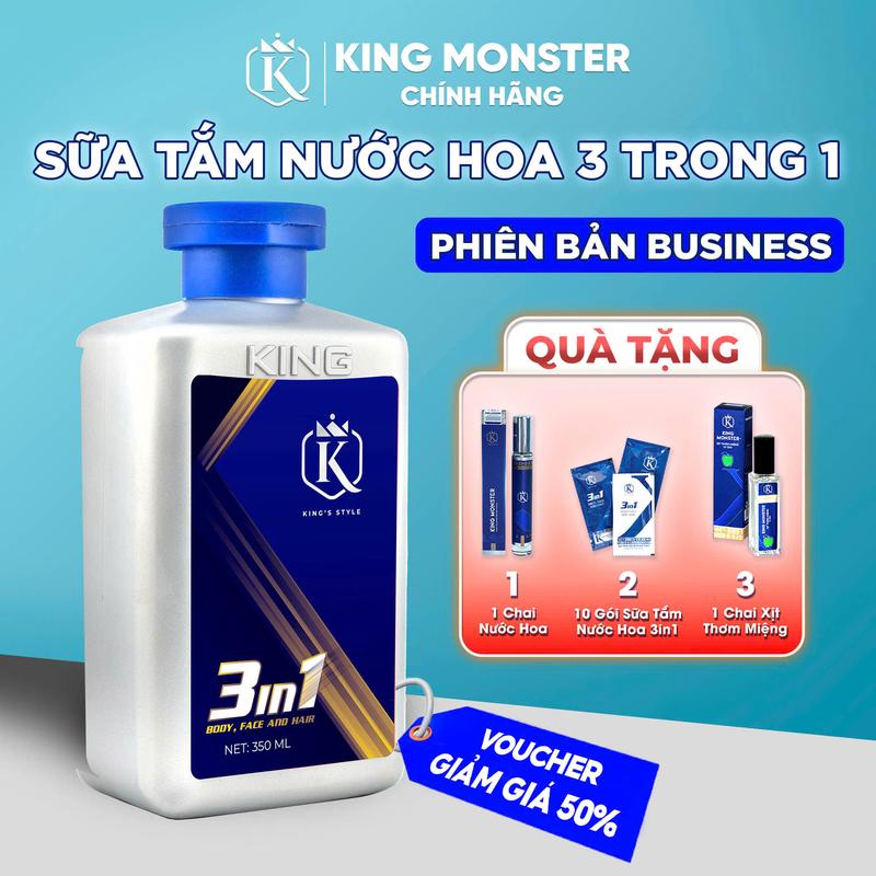 KingMonster Bussiness sữa tắm gội nam 3in1 dung tích 350ml - Tặng 1 Xịt Thơm + 1 Dây 10 Gói KingMonster combo lich lam