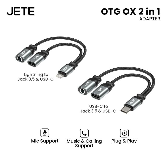 Gambar OTG Converter JETE OX 2 in 1 Adapter Splitter Lightning Type C Male to Type C & Audio Jack 3.5mm AUX Female Fast Charging Connector Music Call - OTG OX 2 in 1 TypeC to Audio Jack3.5 + TypeC dari Doran Gadget Official Kota Administrasi Jakarta Pusat Tokopedia