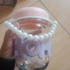 Eatkit 350Ml HOHO Tumbler Cangkir Minum Kaca Estetika Lucu Mug Kopi Estetika dengan Rantai Mutiara Gantung dan Sedotan Kaca Bottles Kitchenware Water