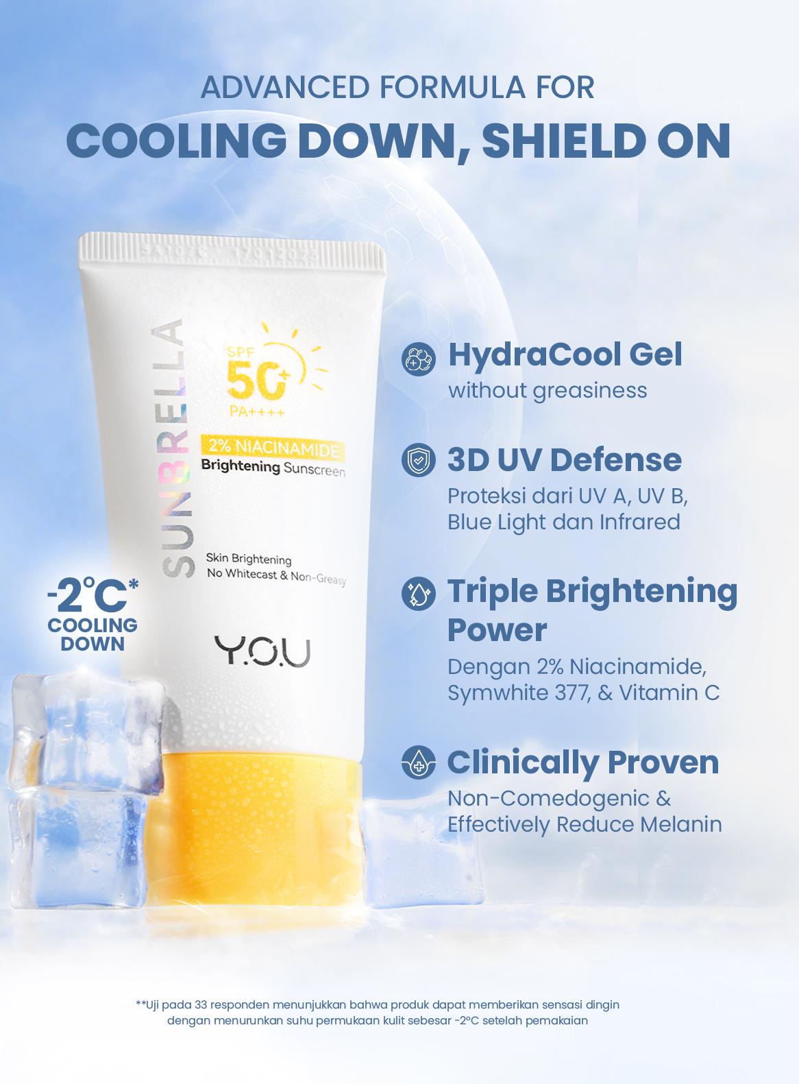 YOU Sunbrella Series Triple UV Outdoor Spray, Daily Defense, Tone Up & Acne Care dengan 2% Niacinamide & Hyaluronic untuk Kulit Berminyak Wajah Cerah Rekomendasi Sunscreen Ringan Transparant & Non Comedogenic Sunscreen SPF50+ PA++++