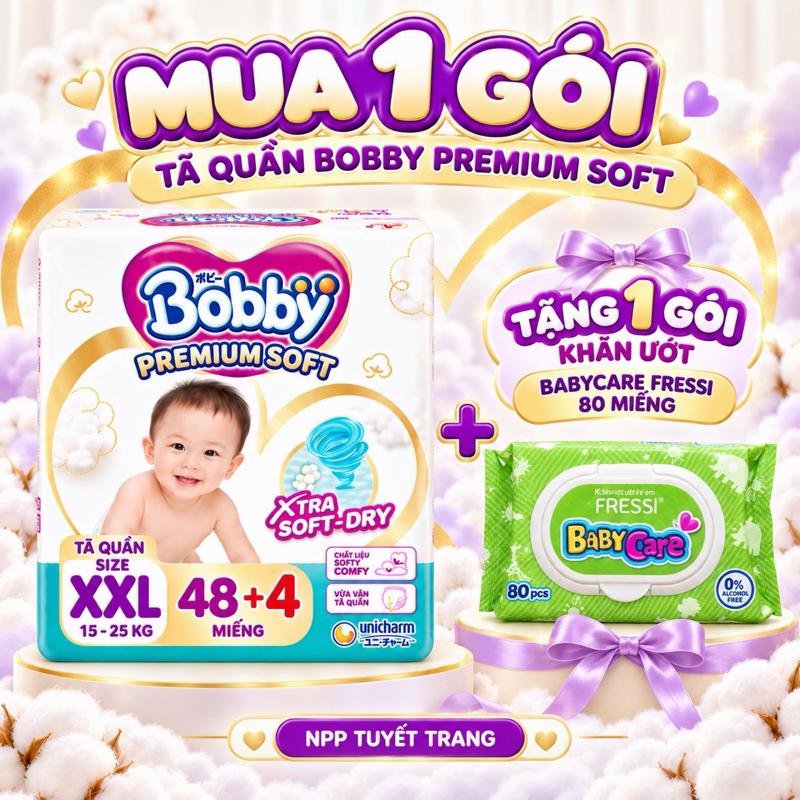 Tặng 1 Gói Khăn Ướt Khi Mua 1 Gói Tã Quần Bobby Premium Soft – Bảo Vệ Êm Ái, Khô Thoáng Cho Bé Yêu - Npp Tuyết Trang